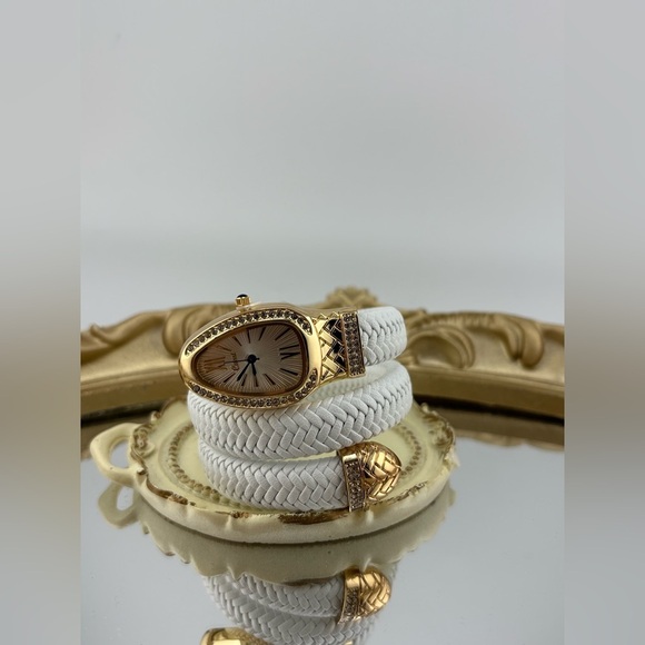 White Braided Wrap Watch with Gold & Crystal Accents – Bracelet Style - Picture 7 of 9